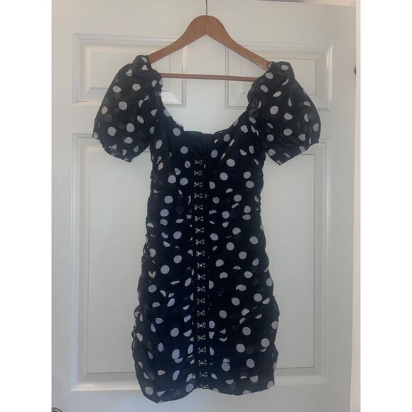 URBAN OUTFITTERS Puff Sleeve Polka Dot Mini Dress Small S Black White - Picture 5 of 11